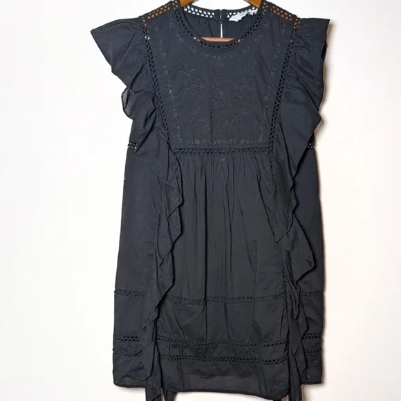 &Other Stories Embroidered Ruffle Mini Dress Black Size 4 Cotton - Picture 4 of 10